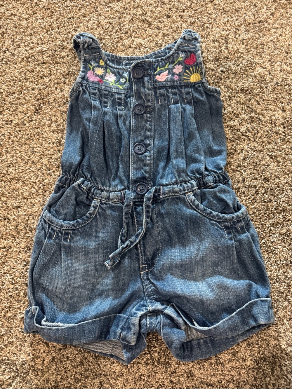 GAP Denim Girls' Embroidered Romper - Blue with Pink & Yellow Accents